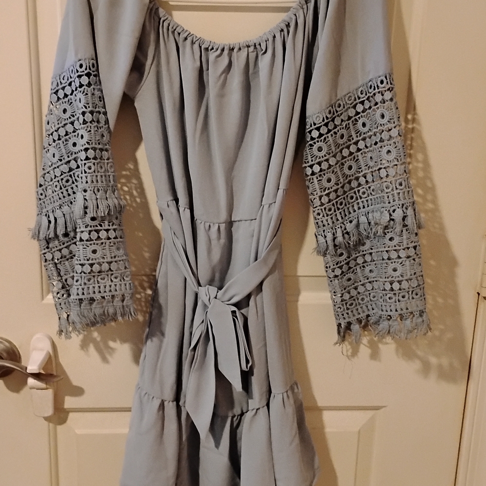 Blue Off-Shoulder Dress with Lace Like Sleeves